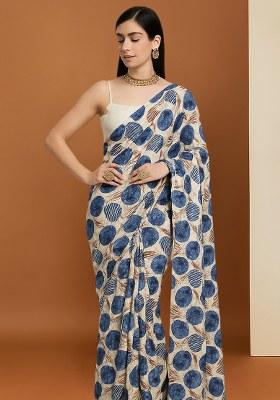 Blue And White Leaf Printed Crepe Pre Draped Saree Set