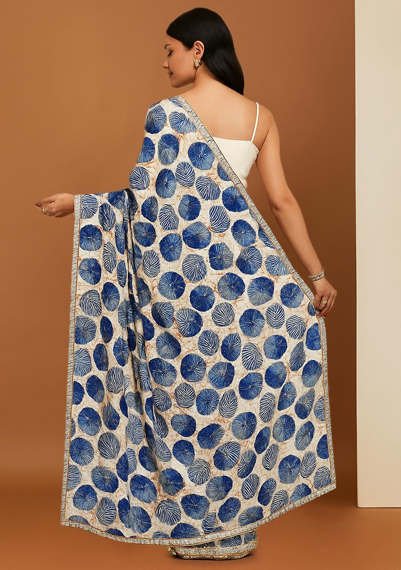 Blue And White Leaf Printed Crepe Pre Draped Saree Set - Indya