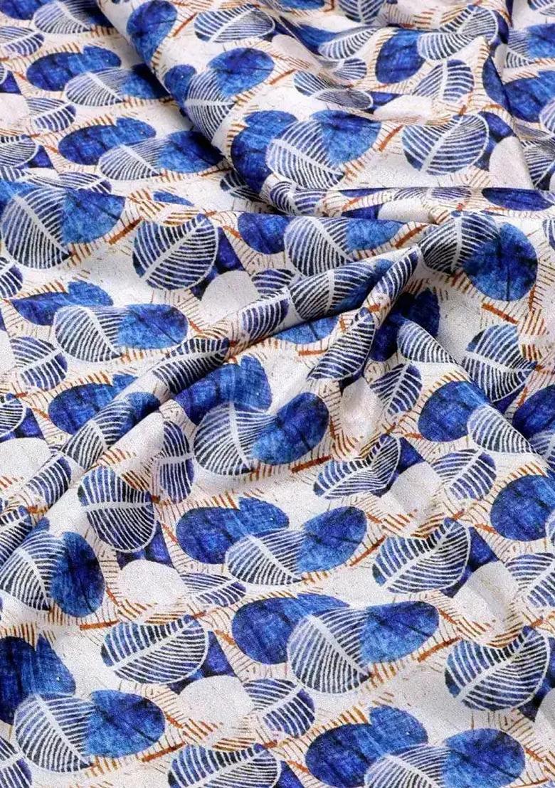 Blue And White Leaf Printed Crepe Pre Draped Saree Set