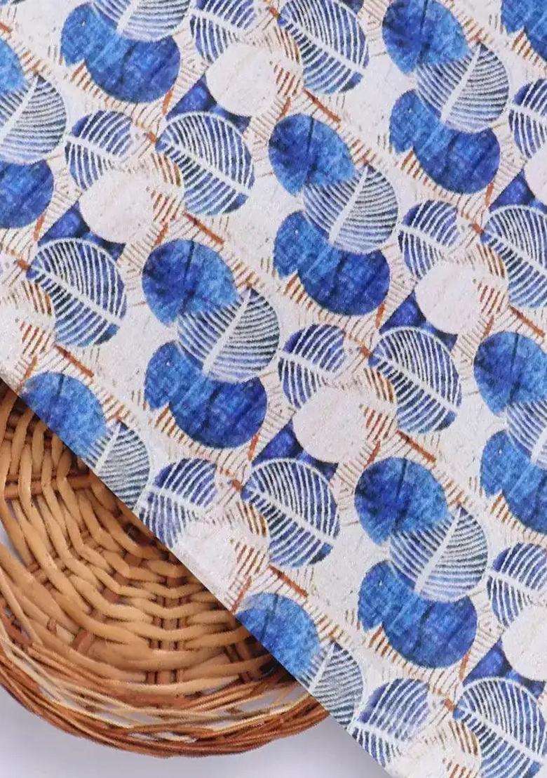 Blue And White Leaf Printed Crepe Pre Draped Saree Set - Indya