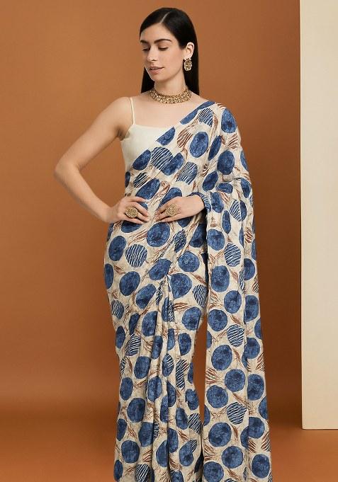 Blue And White Leaf Printed Crepe Pre Draped Saree Set