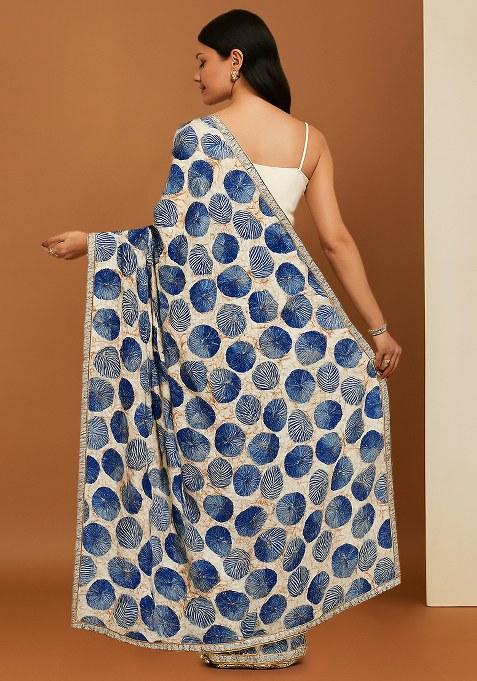 Blue And White Leaf Printed Crepe Pre Draped Saree Set