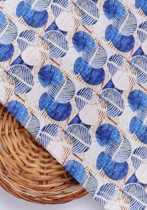 Blue And White Leaf Printed Crepe Pre Draped Saree Set