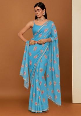 Sky Blue Floral Printed Crepe Pre Draped Saree Set
