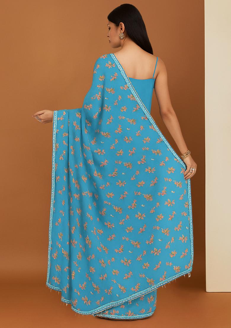 Sky Blue Floral Printed Crepe Pre Draped Saree Set - Indya