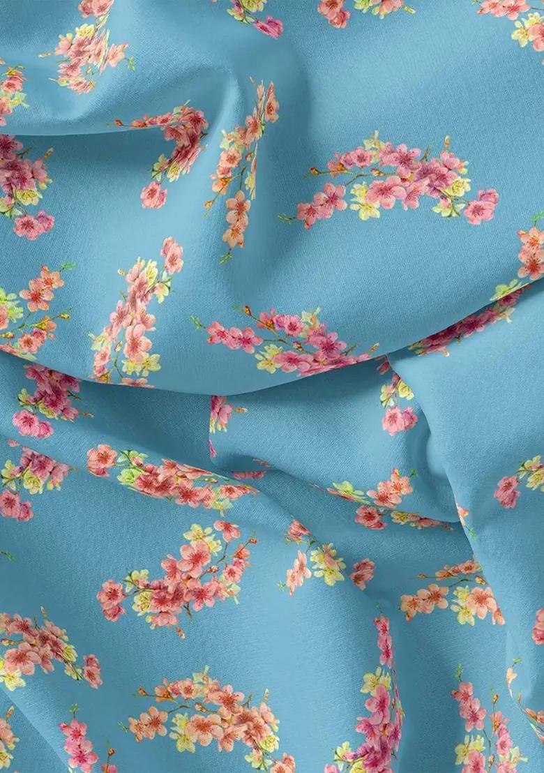 Sky Blue Floral Printed Crepe Pre Draped Saree Set - Indya