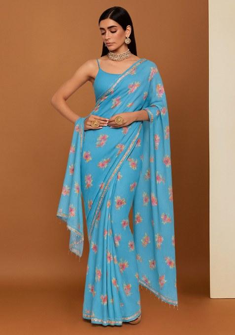 Sky Blue Floral Printed Crepe Pre Draped Saree Set