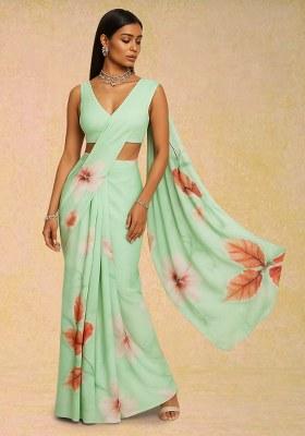 Pista Green Floral Printed Crepe Pre Draped Saree Set