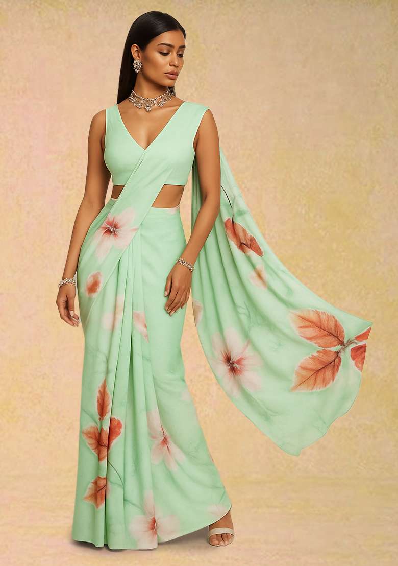 Pista Green Crepe Pre Draped Saree Set with Floral Printed for Diwali | Wedding & Festive Wear - Indya