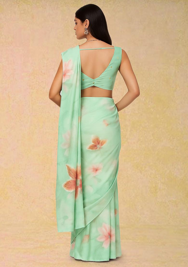 Pista Green Floral Printed Crepe Pre Draped Saree Set - Indya