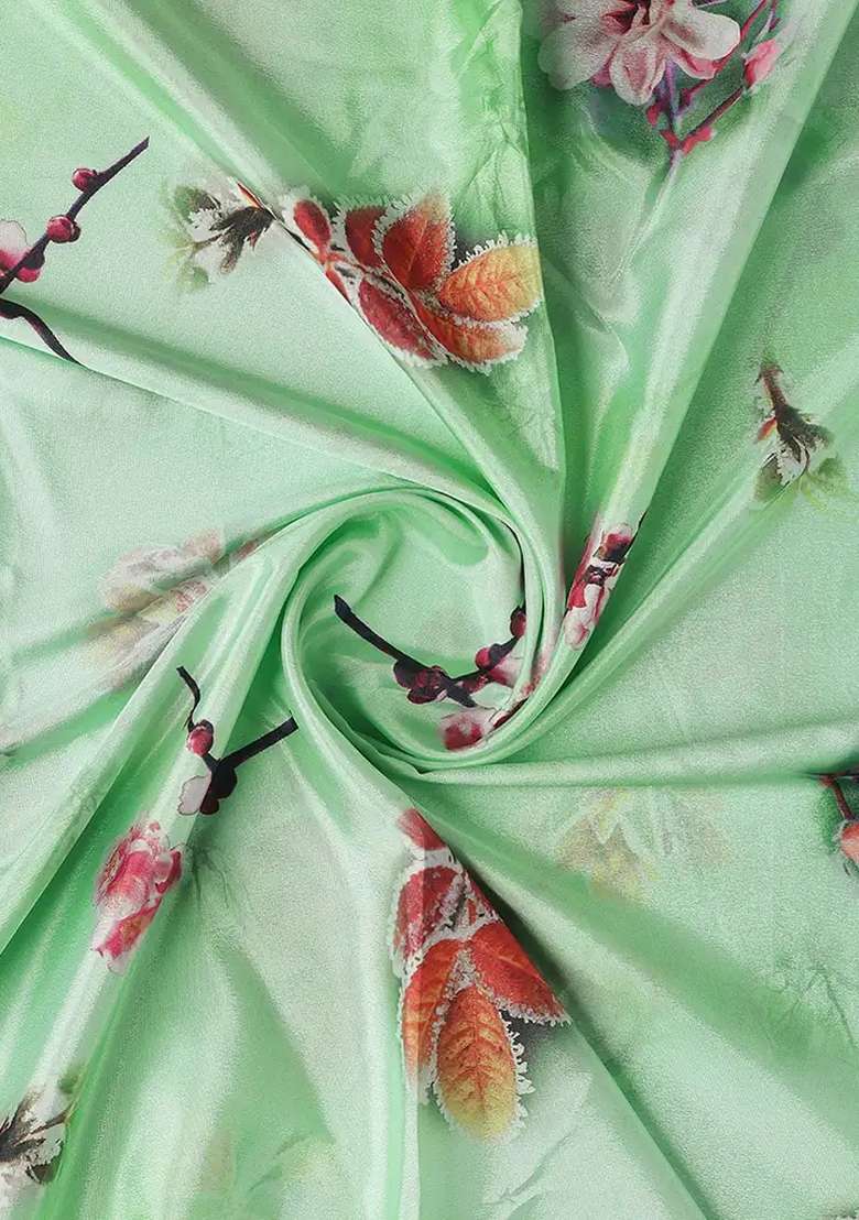 Pista Green Crepe Pre Draped Saree Set with Floral Printed for Diwali | Wedding & Festive Wear - Indya