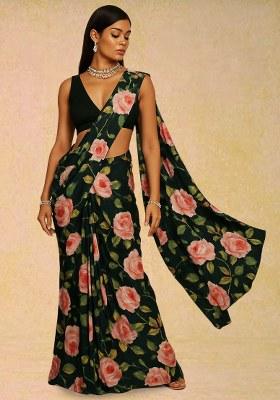 Black Floral Printed Crepe Pre Draped Saree Set