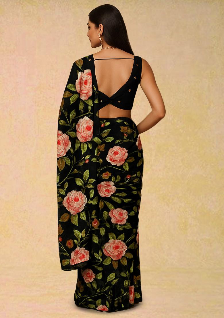 Black Floral Printed Crepe Pre Draped Saree Set - Indya