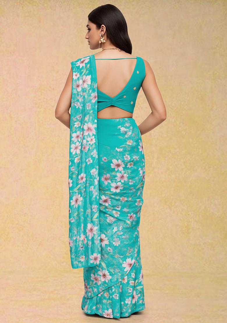 Sky Blue Floral Printed Crepe Pre Draped Saree Set - Indya