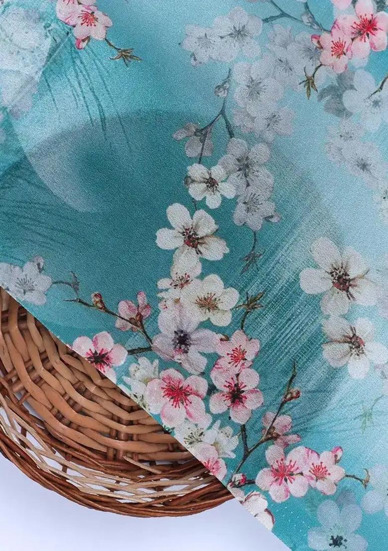 Sky Blue Floral Printed Crepe Pre Draped Saree Set - Indya