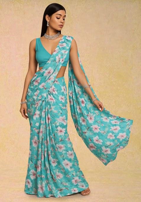 Sky Blue Floral Printed Crepe Pre Draped Saree Set
