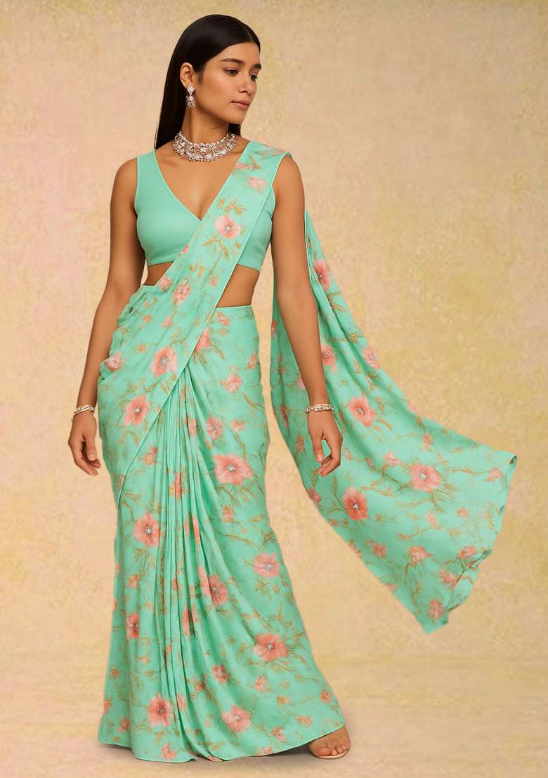 Sky Blue Floral Printed Crepe Pre Draped Saree Set for Diwali and Festive Wear - Indya
