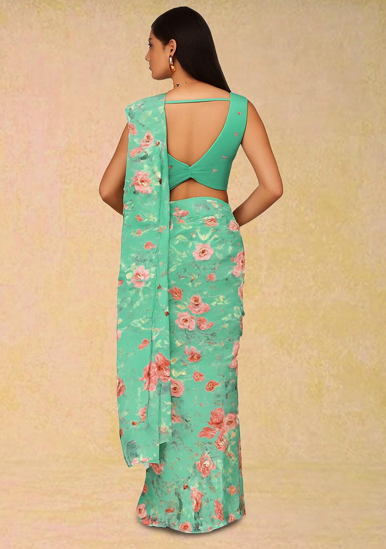 Sky Blue Floral Printed Crepe Pre Draped Saree Set - Indya