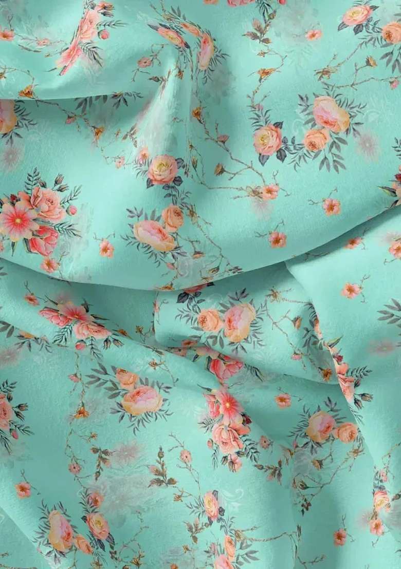 Sky Blue Floral Printed Crepe Pre Draped Saree Set for Diwali and Festive Wear - Indya