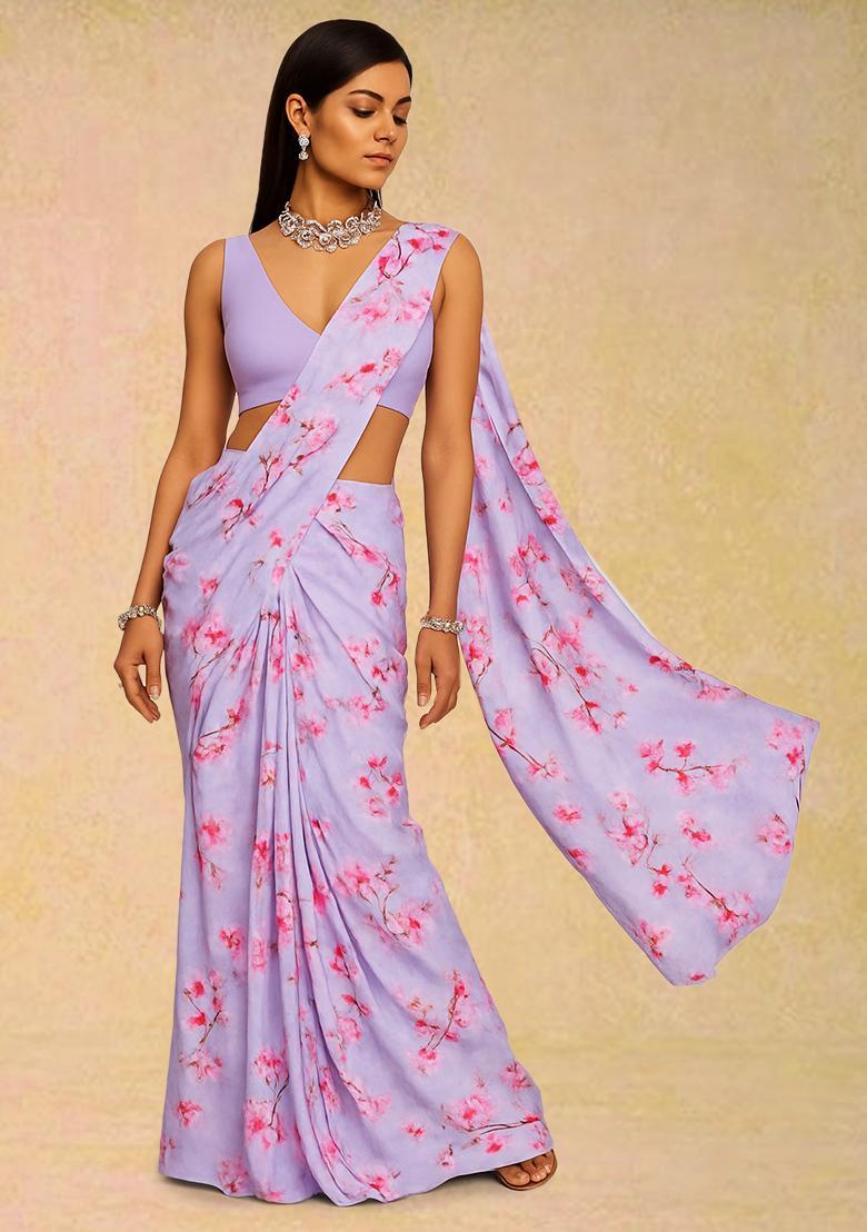 Lilac Floral Printed Crepe Pre Draped Saree Set