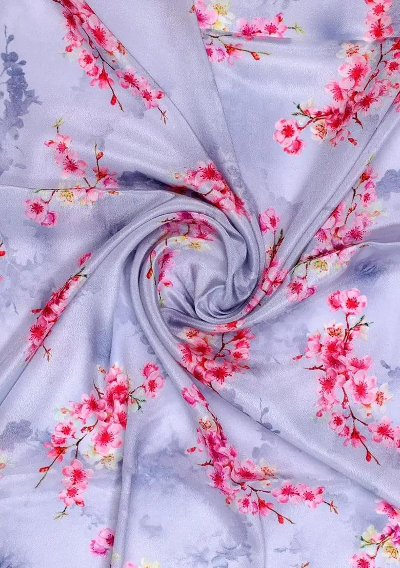 Lilac Floral Printed Crepe Pre Draped Saree Set