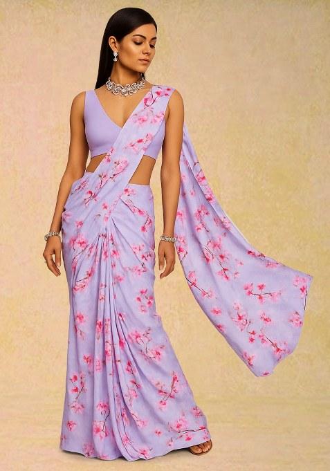 Lilac Floral Printed Crepe Pre Draped Saree Set
