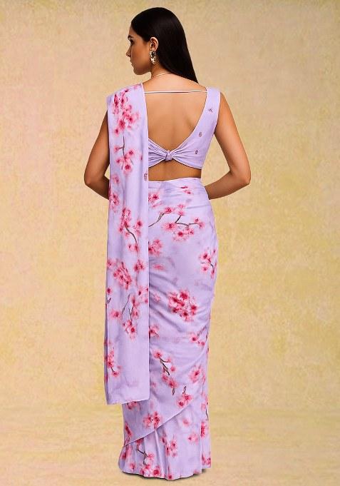 Lilac Floral Printed Crepe Pre Draped Saree Set