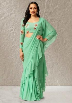 Mint Green Floral Printed Crepe Pre Draped Saree Set