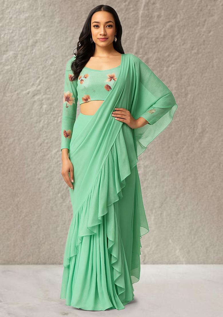 Mint Green Floral Printed Crepe Pre Draped Saree Set