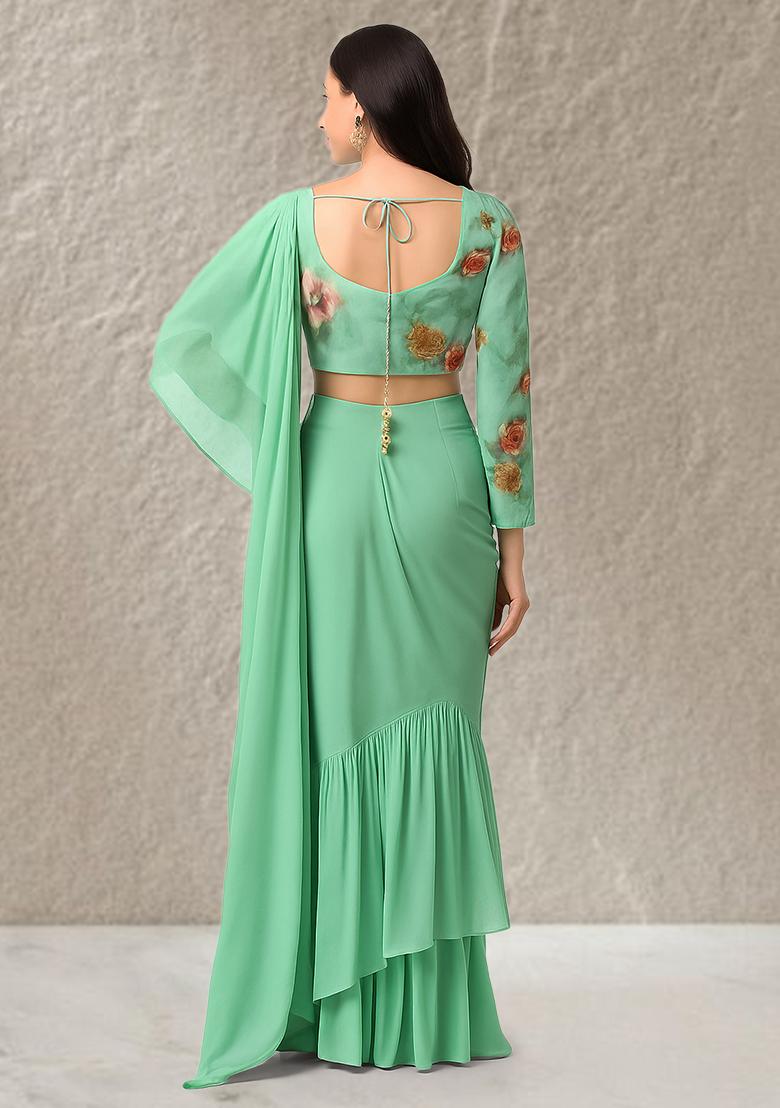Mint Green Floral Printed Crepe Pre Draped Saree Set
