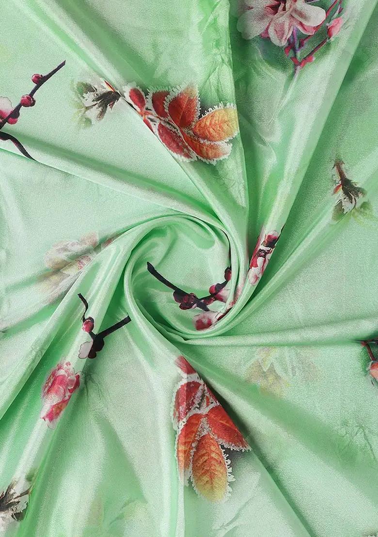 Mint Green Floral Printed Crepe Pre Draped Saree Set