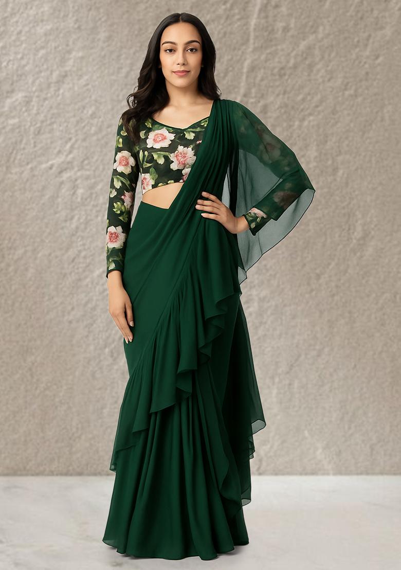Bottle Green Floral Printed Crepe Pre Draped Saree Set