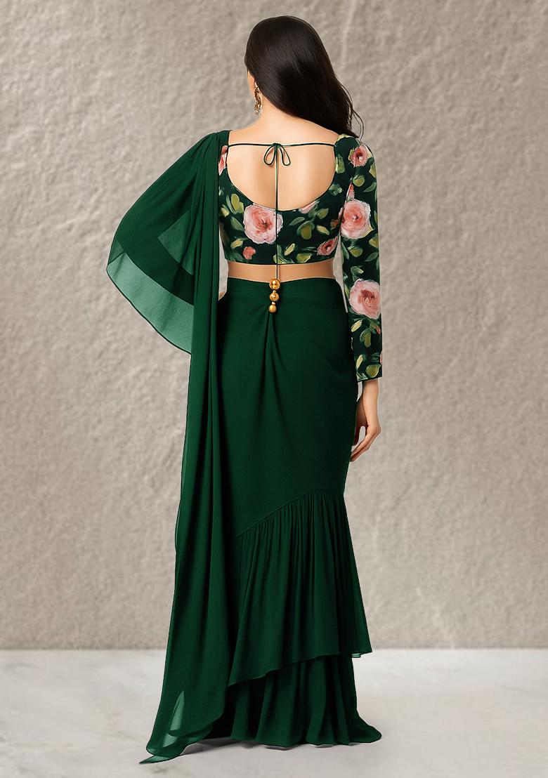 Bottle Green Floral Printed Crepe Pre Draped Saree Set - Indya