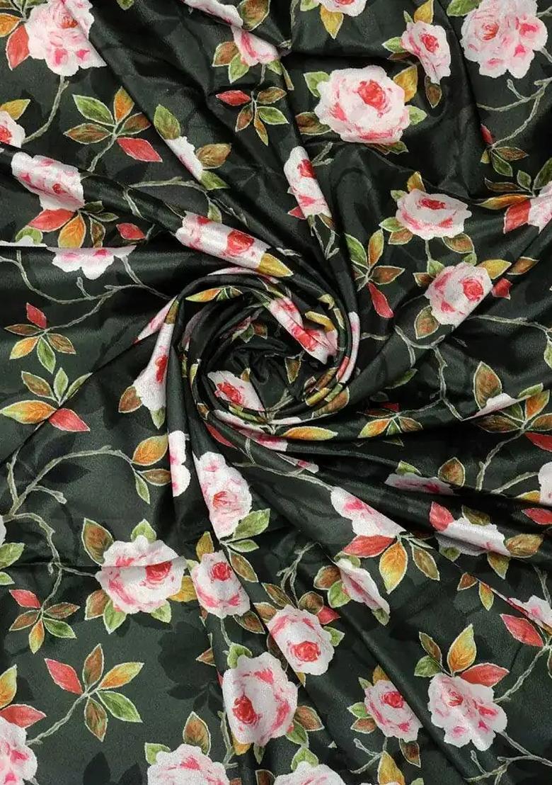 Bottle Green Floral Printed Crepe Pre Draped Saree Set