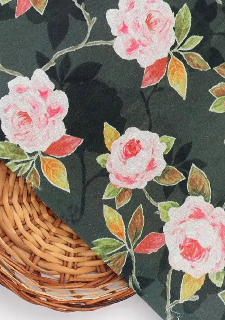 Bottle Green Floral Printed Crepe Pre Draped Saree Set - Indya