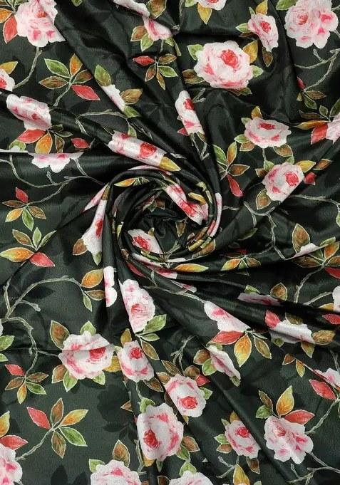 Bottle Green Floral Printed Crepe Pre Draped Saree Set