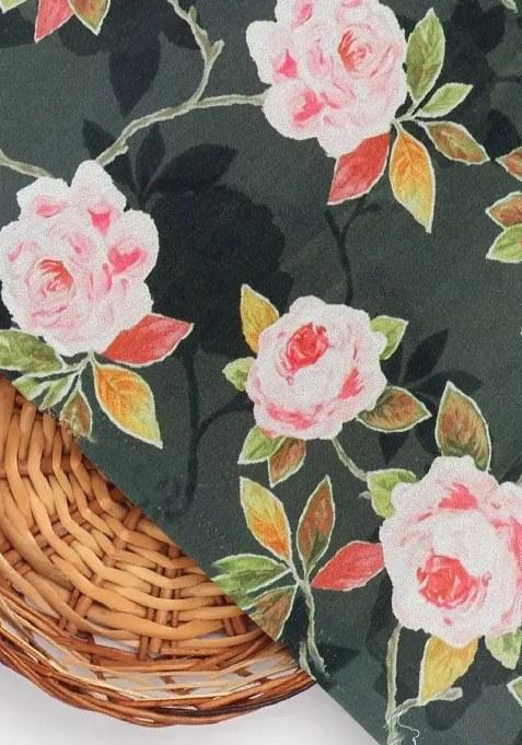 Bottle Green Floral Printed Crepe Pre Draped Saree Set