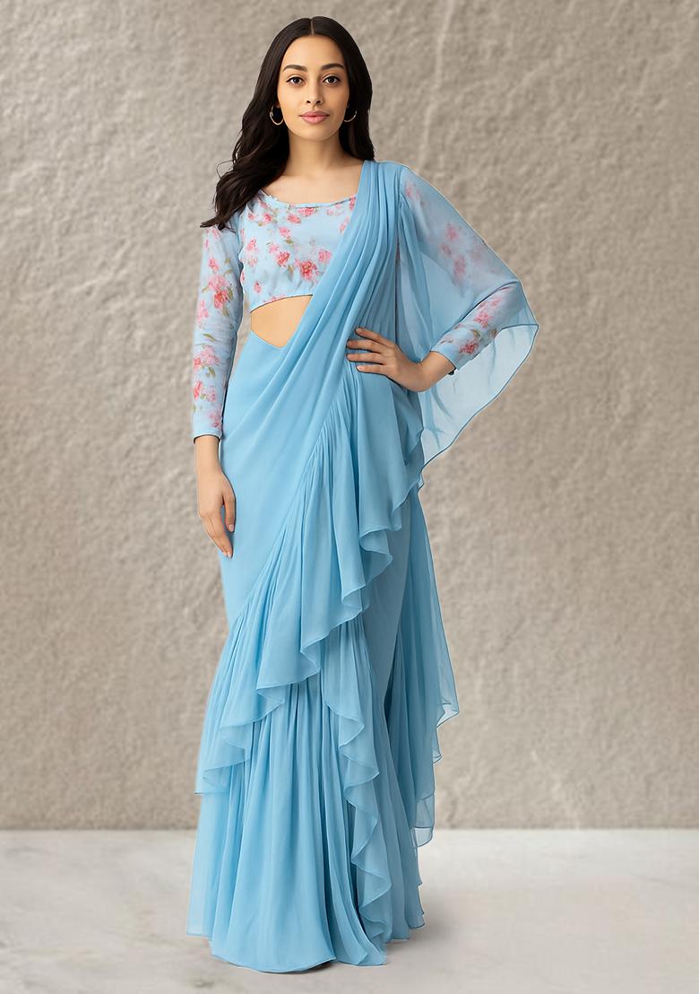 Lilac Floral Printed Crepe Pre Draped Saree Set