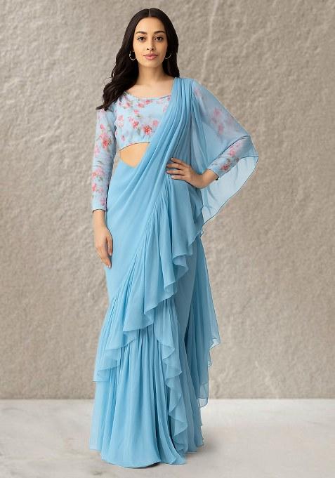 Lilac Floral Printed Crepe Pre Draped Saree Set