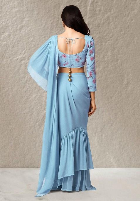 Lilac Floral Printed Crepe Pre Draped Saree Set