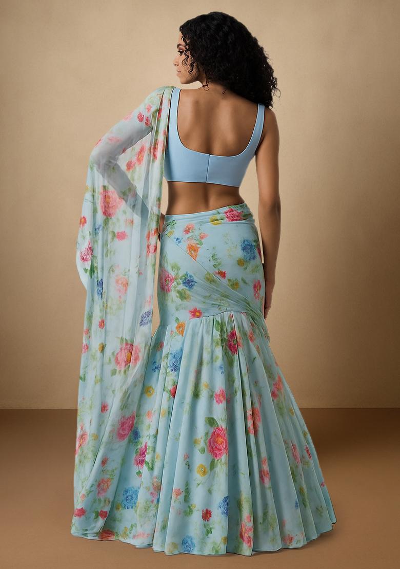 Sky Blue Floral Printed Chiffon Pre Draped Saree Set - Indya