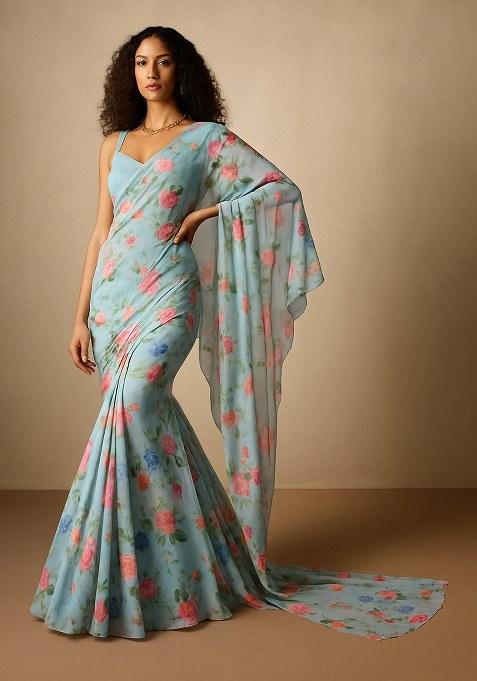 Sky Blue Floral Printed Chiffon Pre Draped Saree Set