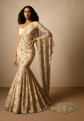 Cream Floral Printed Chiffon Pre Draped Saree Set