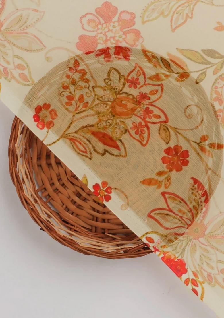 Cream Floral Printed Chiffon Pre Draped Saree Set