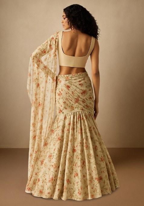 Cream Floral Printed Chiffon Pre Draped Saree Set