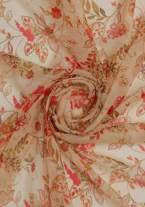 Cream Floral Printed Chiffon Pre Draped Saree Set