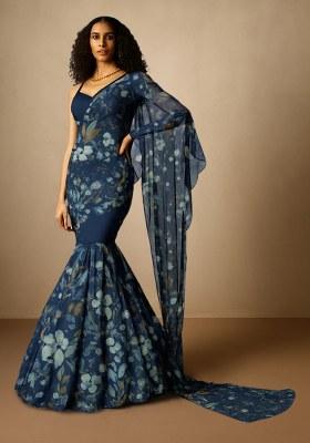 Blue Floral Printed Chiffon Pre Draped Saree Set