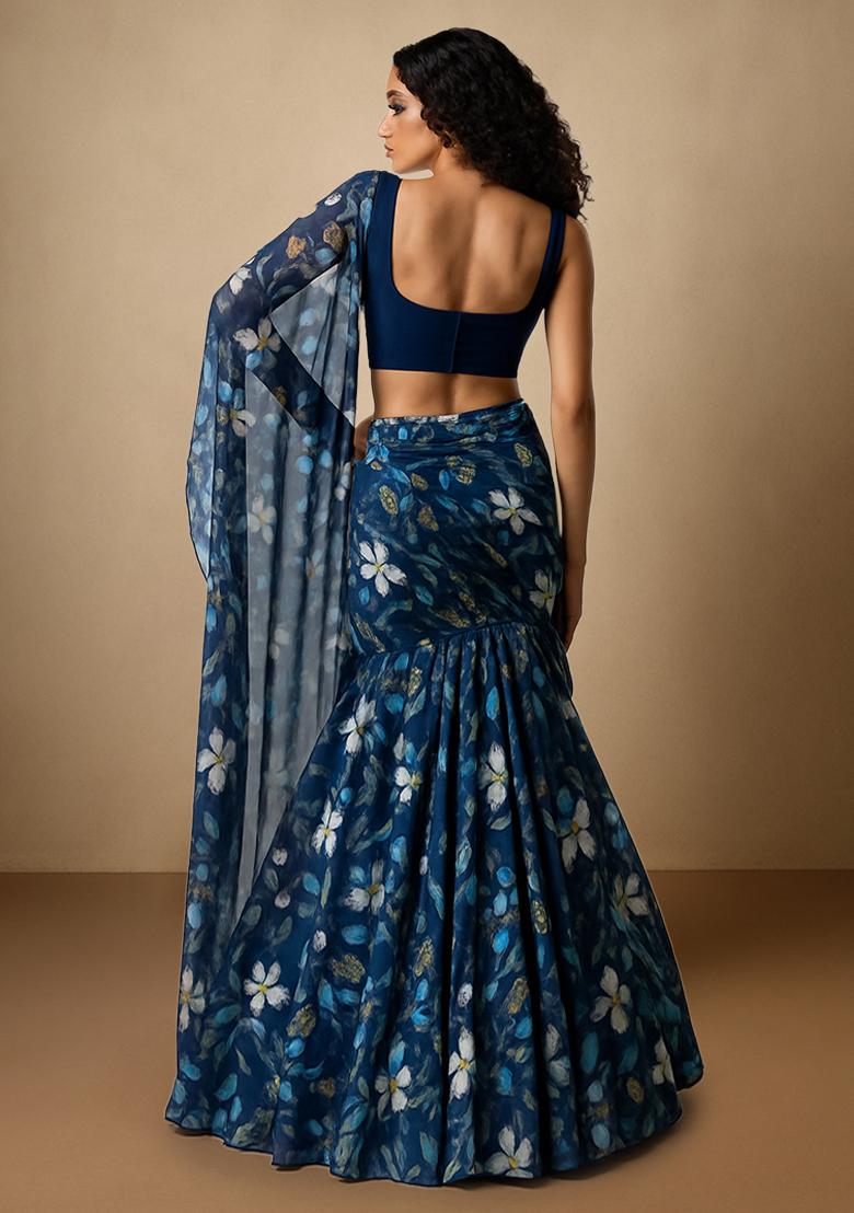 Blue Floral Printed Chiffon Pre Draped Saree Set