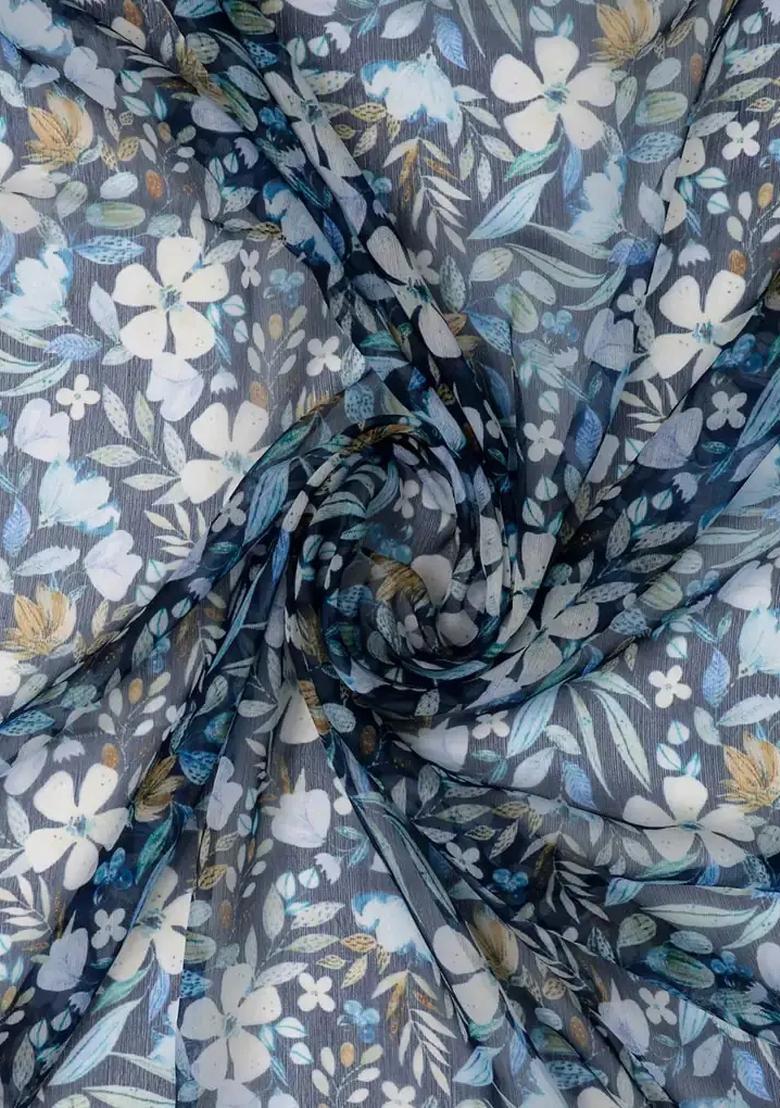 Blue Floral Printed Chiffon Pre Draped Saree Set