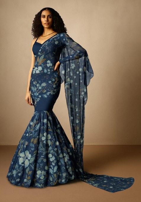 Blue Floral Printed Chiffon Pre Draped Saree Set